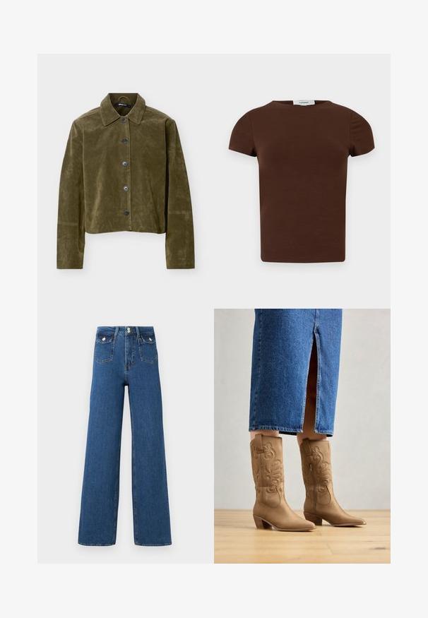 Olivengrøn ruskindsjakke cropped med lange ærmer, spids krave og fem mørke knapper ned foran.; Brun T-shirt med korte ærmer, rund hals og ensfarvet design med et Topshop-mærke ved halsudskæringen.; Bredde ben jeans lavet af mørk denim. Har to forlommer og en knappelukning. Glat tekstur med synlige sømme og struktureret form.; Tan western-stil støvler med dekorativ syning, spids tå og stakket hæl. Båret med en denimnederdel i knæ længde, der afslører støvlerne.