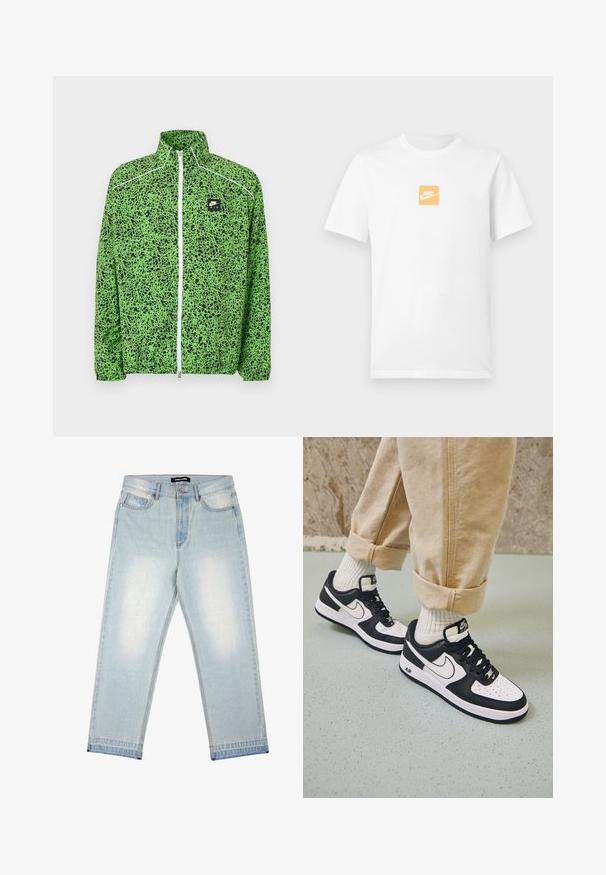 Groen-zwart Nike Air jack met volledig ritssluiting, opstaande kraag en witte ritssluitingdetails.; Witte katoenen T-shirt met korte mouwen en een kleine oranje vierkant op de borst met het witte Nike-logo en swoosh.; Pegador BARROW - Wijde jeans - sand washed blue; Zwart-witte Nike Air Force 1 sneakers met een leren bovenwerk, geperforeerde neus en gestructureerde zooldetails, gedragen met opgerolde beige broek en witte sokken.