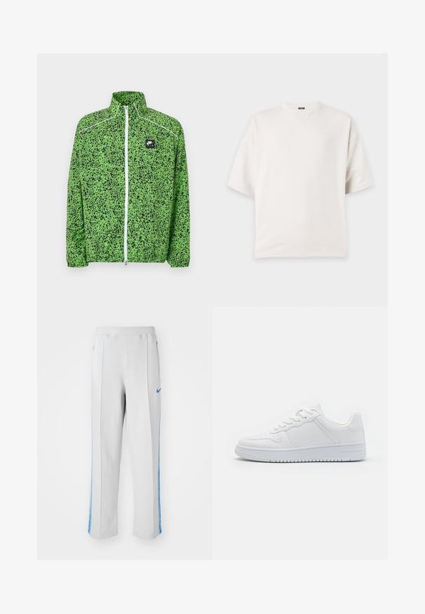 Grüne und schwarze Nike Air Jacke mit durchgehendem Reißverschluss, Stehkragen und weißen Reißverschlussdetails.; Einfaches weißes Kurzarm-T-Shirt mit Rundhalsausschnitt, lockerer Passform und einem kleinen dreieckigen Nahtdetail unter dem Kragen.; Hellegraue Sporthose mit blauen Seitenstreifen, im entspannten Schnitt, mit elastischem Bund und Reißverschlusstaschen. Nike-Logo auf der Vorderseite.; Weiße Sneaker aus glattem Synthetikmaterial, ausgestattet mit flachen Schnürsenkeln, perforierter Zehenpartie und einer gummierten Sohle mit einem strukturierten Grip-Muster.