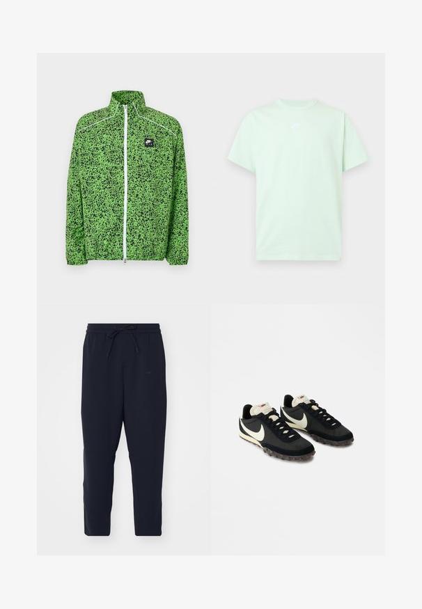 Grüne und schwarze Nike Air Jacke mit durchgehendem Reißverschluss, Stehkragen und weißen Reißverschlussdetails.; Hellgrünes Nike-T-Shirt mit kurzen Ärmeln, Rundhalsausschnitt und kleinem weißen Logo mittig auf der Brust vor einfarbigem Hintergrund.; Navy Jogginghose aus weichem Stoff, mit elastischem Bund und Kordelzug, schmal zulaufenden Beinen und Seitentaschen.; Schwarze Sportschuhe mit einer strukturierten Oberseite, weißem Swoosh-Logo und einer Gummisohle, die mit kleinen Noppen für besseren Halt ausgestattet ist. Beigefarbener Kragen.