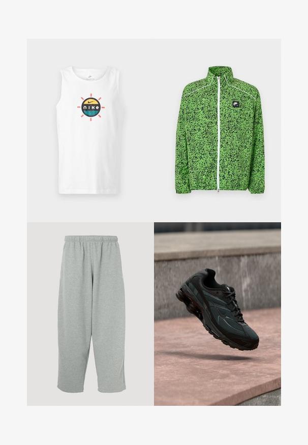 Zeleno-čierna vzorovaná bunda Nike Air na zips s stojacím golierom a bielym detailom na zips.; Biela bezrukávová bavlnená tielko s okrúhlym viacfarebným logom Nike s dizajnom slnečného lúča a živými akcentmi.; Svetlosivé tepláky s elastickým pásom, zúženým strihom nohavíc a mäkkou textúrou. Bez viditeľného loga alebo vzorov.; Čierna atletická teniska s viditeľnou medzipodrážkou s air cushioning, ktorá visí nad ružovým kamenným povrchom s pozadím sivej kamennej steny.