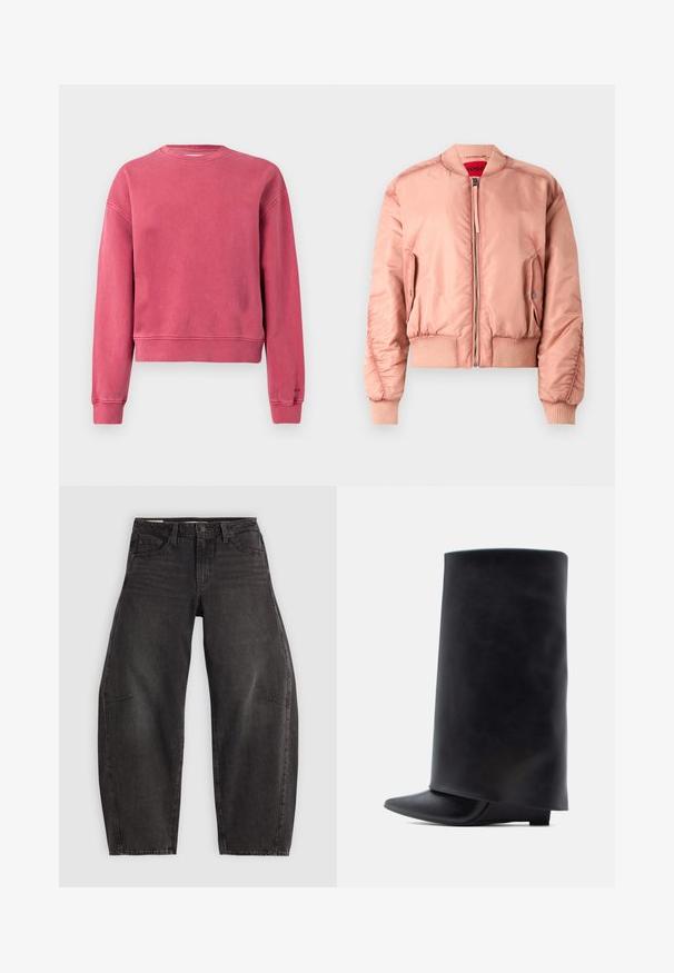 Veste bomber rose en matière lisse et brillante. Dotée de poignets et d'un ourlet côtelés, fermeture zippée et poche latérale. Doublure intérieure rouge.; Sweat-shirt court rose avec manches longues, encolure ronde, poignets et ourlet côtelés. Texture lisse avec un aspect légèrement délavé.; Jean en denim noir avec une coupe décontractée, comportant cinq poches, une fermeture à bouton et un léger dégradé. Le tissu a une texture lisse et résistante.; Bottines en cuir noir avec une tige haute cylindrique, un bout pointu et un talon plat bas, présentant une texture lisse et un design minimaliste.