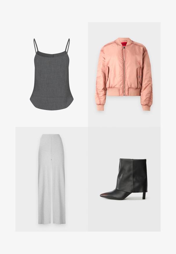 Veste bomber rose en matière lisse et brillante. Dotée de poignets et d'un ourlet côtelés, fermeture zippée et poche latérale. Doublure intérieure rouge.; Camisole en lin gris avec de fines bretelles spaghetti, un décolleté droit et un ourlet évasé, présentant une finition texturée subtile.; Pantalons larges côtelés gris clair avec une taille haute et une fente avant. Fabriqués en tissu doux avec une texture lisse.; Bottine noire en cuir lisse avec un bout pointu et un talon effilé. La tige présente un design légèrement froncé.