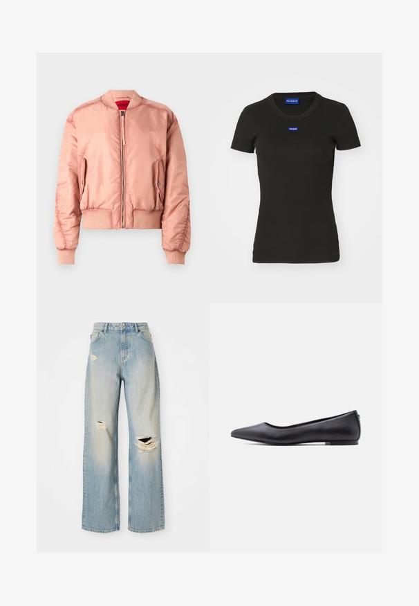 Pinkfarbige Bomberjacke aus glattem, glänzendem Material. Mit gerippten Bündchen und Saum, Reißverschluss und Seitentasche. Rote Innenfutter.; Schwarzes T-Shirt mit kurzen Ärmeln aus geripptem Baumwollstoff, das auf der Vorderseite ein blaues "HUGO"-Logo-Label aufweist. Klassisches Rundhalsdesign.; Hellblaue, gerade geschnittene Jeans mit hoher Taille, Gürtelschlaufen und ausgefransten Rissen am linken Oberschenkel, rechten Knie und unteren linken Bein.; Schwarzer flacher Lederschuh mit spitzer Kappe und niedrigem Absatz, seitlich vor weißem Hintergrund gezeigt.