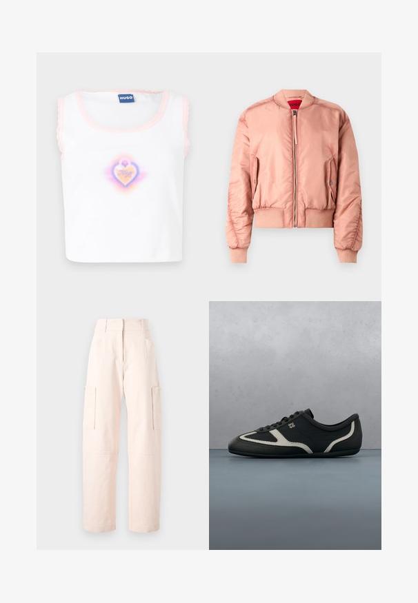 Lyserød bomberjakke lavet af glat, skinnende materiale. Har ribstrikkede manchetter og kant, lynlås og sidelomme. Rødt indvendigt foer.; Hvid ærmeløs top med pink bølgekant, med et centreret hjertegrafik i pastelfarver med "Hugo" tekst indeni.; Lyserøde cargo bukser lavet af bomuld, med lige pasform, to sidelommer og en talje med elastiske detaljer.; Sort sneakers med tekstureret læderoverdel, kontrasterende grå accenter, rund tå og flad sål. Har snørebånd og mærkelogo på siden.
