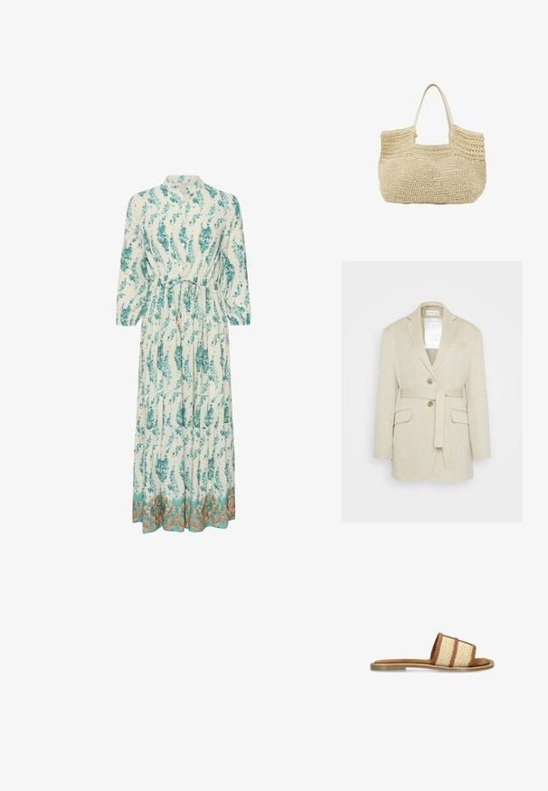Beige linnen blazer met een ceintuur in de taille, twee voorkruiszakken, geknopfelde revers en twee knopen. Bevat een label dat zichtbaar is in de kraag.; Lange, lichte jurk met een bloempatroon in teal en wit. Kenmerkt zich door een hoge halslijn, lange mouwen en een decoratieve gouden zoom.; Platte slidesandaal met een gevlochten beige en bruine band en een lichtbruine zool tegen een witte achtergrond.; Beige gevlochten stro tote tas met open bovenkant en twee lichtgekleurde handvatten.