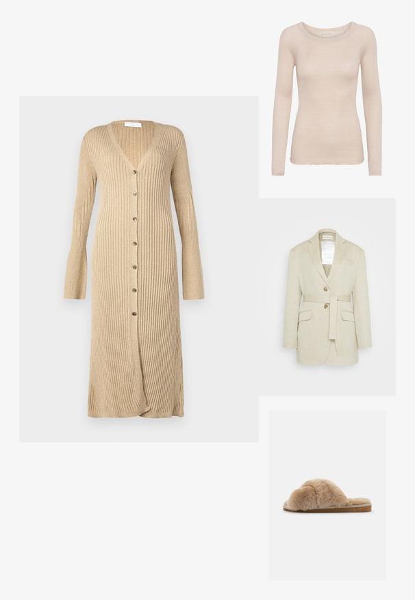 Beige linned blazer med bælte i taljen, to forlommer, klippekrave og to knapper. Har et mærke synligt indeni kraven.; Lys beige langærmet top lavet af ribbet stof. Har en rund halsudskæring og råkant forneden, med en tætsiddende form og blød tekstur.; Beige ribbet cardigan med lange ærmer, knaplukning foran, V-hals og udvidede manchetter. Fremstillet af blødt strikmateriale med en tekstureret finish.; Fuzzy beige hjemmesko med blød tekstur, åben bag og indvendig foring. Flad sål med en lysebrun bund og beige syning.