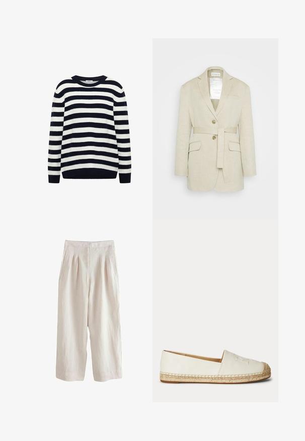 Beige linned blazer med bælte i taljen, to forlommer, klippekrave og to knapper. Har et mærke synligt indeni kraven.; Stribet sweater i marineblå og hvid, lavet af blødt materiale, med rund hals og ribstrikkede manchetter og kant.; Lys beige linnedbukser med vid ben design, der har forkørsler og sidelommer, som giver en tekstureret finish.; Hvid slip-on espadrille med flettet jutesål og syninger langs kanterne, vist fra ydersiden.