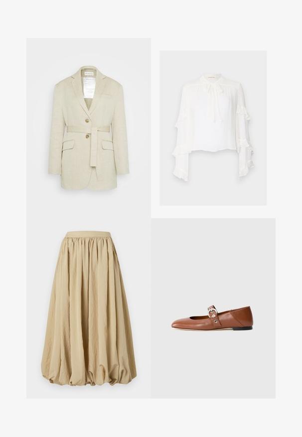 Beige linnen blazer met een ceintuur in de taille, twee voorkruiszakken, geknopfelde revers en twee knopen. Bevat een label dat zichtbaar is in de kraag.; Witte blouse met lange, uitlopende mouwen met gerimpelde randen. Hoge hals met een strikdetail en lichtgewicht, gestructureerde stof.; Beige midi-rok met een geplooid taillegedeelte, vloeiende stof en volumineuze vorm, met een gestructureerd oppervlak en subtiele kreukdetails.; Bruine leren ballerina met een spitse neus en uitsparing aan de voorkant. Heeft een bandje met een metallic gesp en een zwarte zool.