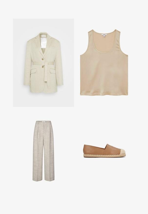Beige Leinen-Blazer mit einem taillierten Gürtel, zwei vorderen Taschen, gekerbten Revers und zwei Knöpfen. Enthält ein sichtbares Etikett im Kragen.; Reiss REGULAR FIT - Bluse - neutral; Hellgraue, hochtaillierte Hose aus strukturiertem Stoff mit weitem Bein und zwei vorderen Falten. Sie verfügt über einen vorderen Knopfverschluss und Gürtelschlaufen.; Hellbrauner Slipper aus Leder mit einer Zehenkappe aus geflochtenem Jute und geflochtenem Profil. Glatte Textur mit runder Form und minimalen Designdetails.