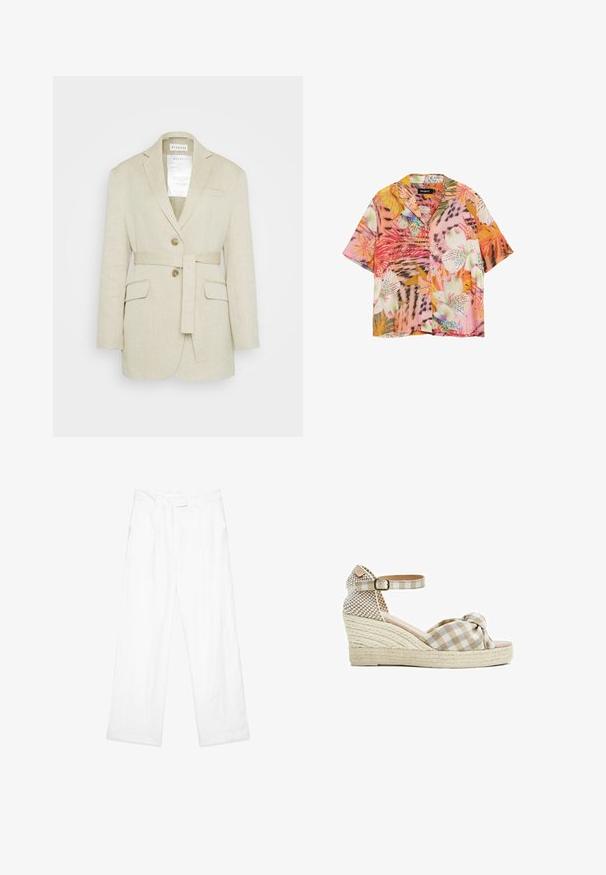 Blazer de lino beige con cintura ceñida, dos bolsillos frontales, solapas muesca y dos botones. Presenta una etiqueta visible en el interior del cuello.; Camisa de manga corta con botones y patrones vibrantes de flores y hojas tropicales en tonos rosa, naranja, blanco y verde.; Pantalones de lino blancos con un ajuste holgado, que presentan un diseño de pierna recta, bolsillos frontales y una cintura plana. Textura suave en todo el tejido.; Sandalia de cuña con lazada de tela vichy beige y blanca en la parte delantera, tira en el tobillo con hebilla y suela de plataforma de cuerda trenzada.
