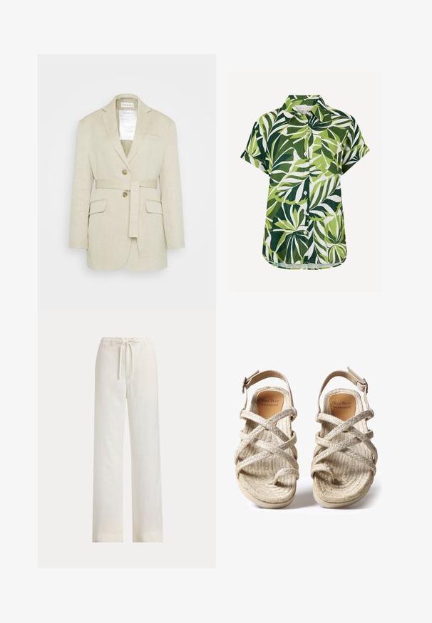 Blazer de lino beige con cintura ceñida, dos bolsillos frontales, solapas muesca y dos botones. Presenta una etiqueta visible en el interior del cuello.; Camisa de manga corta con botones, con estampado de hojas tropicales verdes y blancas y un bolsillo en el pecho, mostrada sobre fondo blanco.; Pantalones blancos de corte ancho con cintura elástica y cordón, mostrados sobre un fondo liso.; Sandalias tejidas en color beige con diseño de tiras cruzadas, fabricadas con fibras naturales texturizadas, que cuentan con una suela plana y una correa ajustable en el tobillo.