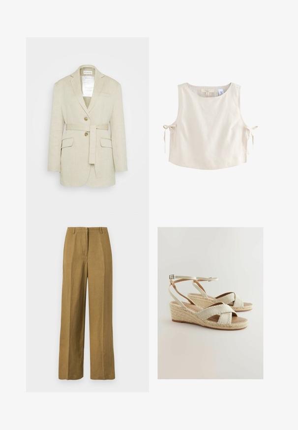Beige linnen blazer met een ceintuur in de taille, twee voorkruiszakken, geknopfelde revers en twee knopen. Bevat een label dat zichtbaar is in de kraag.; Mouwloos beige linnen cropped top met ronde hals en zijstrikjes voor een verstelbare pasvorm.; Rechte kaki broek met riemlussen en een gulp met ritssluiting aan de voorkant, weergegeven op een effen witte achtergrond.; Beige wedge sandalen met een stoffen bovenwerk met kruisbanden, een gevlochten jute platform en een verstelbare enkelband. Glad zool.