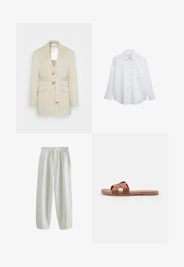 Beige linned blazer med bælte i taljen, to forlommer, klippekrave og to knapper. Har et mærke synligt indeni kraven.; Hvid langærmet skjorte med knaplukning, lavet af let hør, med brystlomme og en let buet kant.; Løse hvide bukser med elastisk linning og snor, lige ben design, lavet af letvægtsstof.; Brune flade slide-sandaler lavet af glat læder med et krydset remdesign, der har en flad sål og en minimalistisk stil.