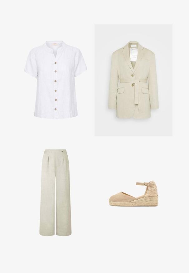 Beige linnen blazer met een ceintuur in de taille, twee voorkruiszakken, geknopfelde revers en twee knopen. Bevat een label dat zichtbaar is in de kraag.; Witte linnen shirt met een korte, ronde kraag, voorzien van een knoopsluiting met houten knopen en verticale stikdetails.; Lichtbeige wijde broek van linnen, met een hoge taille, plooien en een gladde, licht gestructureerde stof.; Beige sleehakschoen met enkelriem en gesp, gevlochten hielkap en gevlochten juten zool.