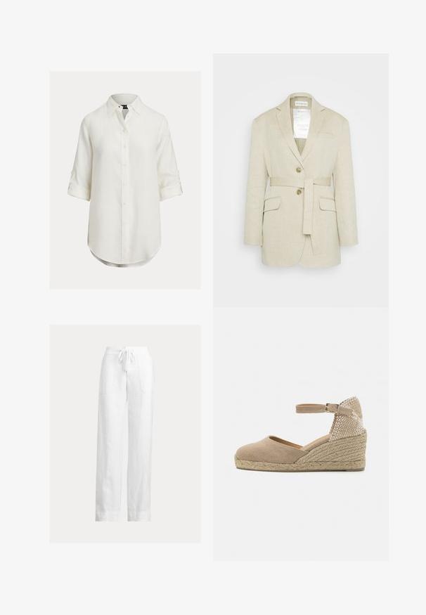 Beige linned blazer med bælte i taljen, to forlommer, klippekrave og to knapper. Har et mærke synligt indeni kraven.; Hvid hørskjorte med knaplukning, lange ærmer rullet op, buet kant og klassisk krave. Diskret tekstur, blødt stof.; Hvide linnedbukser med snoretræk i taljen, vidde ben, to forlommer og en glat tekstur. Flad kant ved anklen.; Beige espadrille kilehæle sko med en stofoverdel, ankelrem og vævet jute-sål. Hælen har et tekstureret accentpanel.