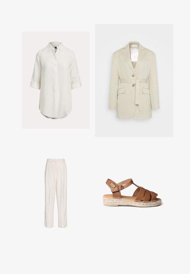 Beige Leinen-Blazer mit einem taillierten Gürtel, zwei vorderen Taschen, gekerbten Revers und zwei Knöpfen. Enthält ein sichtbares Etikett im Kragen.; Weißes Leinenhemd mit Knopfleiste, langen hochgekrempelten Ärmeln, geschwungenem Saum und klassischem Kragen. Dezente Textur, weicher Stoff.; Weiße, hochtaillierte, maßgeschneiderte Hose mit Falten, Gürtelschlaufen und geraden Beinen, gezeigt auf einem schlichten weißen Hintergrund.; Braune Ledersandale mit geflochtenem Seilsohle, strappy Design, verstellbare Knöchel-Schnalle und glatter Textur.