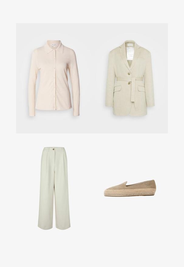 Blazer de lino beige con cintura ceñida, dos bolsillos frontales, solapas muesca y dos botones. Presenta una etiqueta visible en el interior del cuello.; Camisa de manga larga color beige claro, hecha de lino, con cuello y una parte delantera abotonada, que presenta una textura suave y un diseño simple.; Pantalones anchos de corte alto en color crema, con trabillas para cinturón, cierre de botón y pliegues delanteros, diseñados para un ajuste relajado.; Espadrille beige de ante sin cordones con suela trenzada de yute y logo de la marca sutil en el talón, vista lateral sobre fondo blanco.