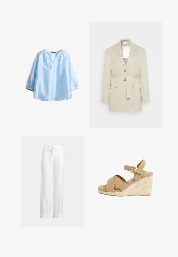 Beige linnen blazer met een ceintuur in de taille, twee voorkruiszakken, geknopfelde revers en twee knopen. Bevat een label dat zichtbaar is in de kraag.; Lichtblauwe, losse bloes met een V-hals, driekwart mouwen en een zachte, gladde textuur. Heeft plooidetails bij de schouders.; Witte linnen broek met een taillekoord, wijde pijpen en twee zijzakken. Gladde textuur met een lichte, luchtige uitstraling.; Beige suède sleehak sandaal met gekruiste voorriemen, enkelriem, gouden gesp en gevlochten touwdetails op de hak.