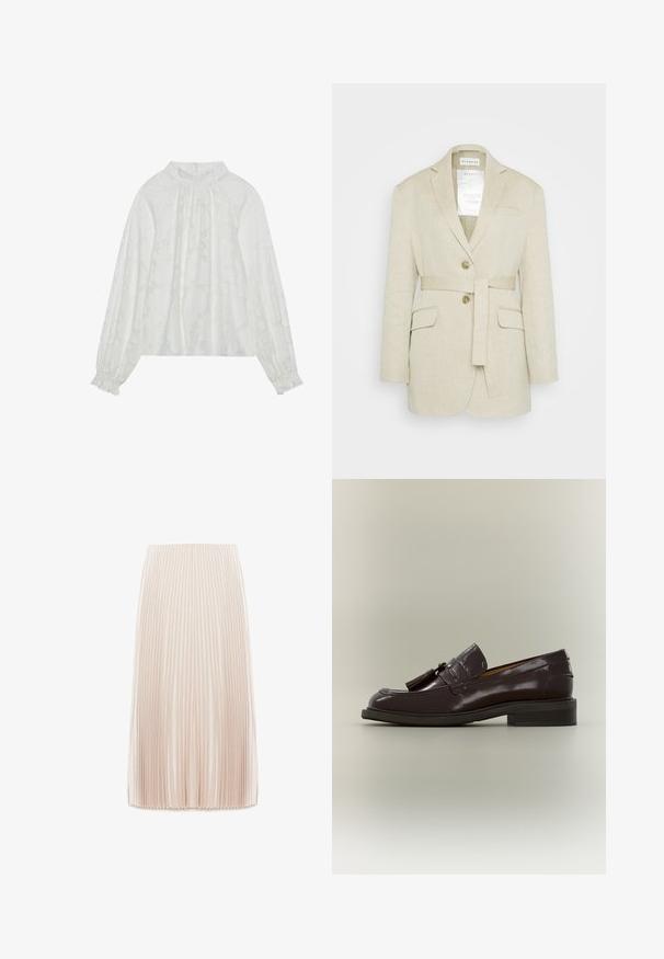 Blazer en lin beige avec une taille ceinturée, deux poches avant, des revers crantés et deux boutons. Présente une étiquette visible à l'intérieur du col.; Blouse blanche à manches longues, avec un motif floral texturé, un décolleté froncé et des poignets élastiques. Tissu doux et léger.; Jupe midi plissée de couleur beige clair, fabriquée à partir d'un tissu lisse, présentant de fines plis verticaux et une taille élastique.; Mocassin en cuir marron foncé avec pampilles, talon bas et semelle cousue, montré de profil sur un fond neutre.
