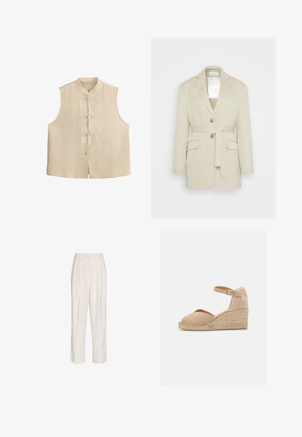Blazer en lin beige avec une taille ceinturée, deux poches avant, des revers crantés et deux boutons. Présente une étiquette visible à l'intérieur du col.; Veste sans manches beige avec col mandarin et quatre fermetures à boutons noués traditionnels sur le devant, présentant des fines rayures verticales.; Pantalon blanc taille haute sur mesure avec plis, passants de ceinture et jambes droites, présenté sur un fond blanc uni.; Castañer BIANCA - Espadrilles - sand