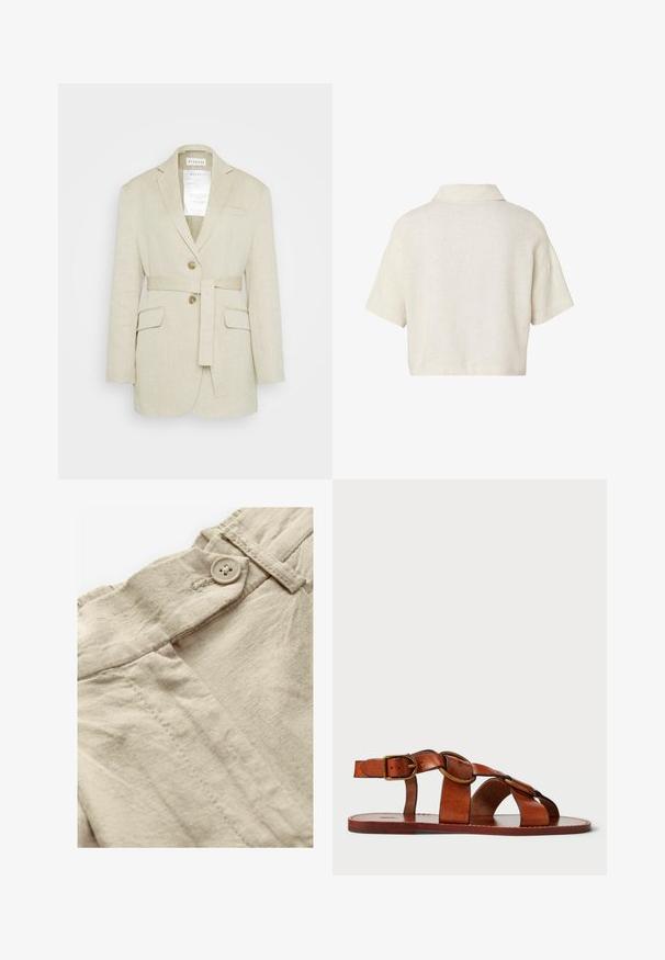 Blazer de lino beige con cintura ceñida, dos bolsillos frontales, solapas muesca y dos botones. Presenta una etiqueta visible en el interior del cuello.; Camiseta corta de manga corta color crema con cuello ancho, vista desde atrás sobre un fondo blanco.; Tela de lino beige con un acabado texturizado. Cuenta con un cierre de un solo botón y costura ajustada a lo largo de la línea de la cintura.; Sandalia de cuero marrón con un diseño de tiras horizontales y circulares, suela plana y un acento de hebilla metálica, que muestra una textura lisa.