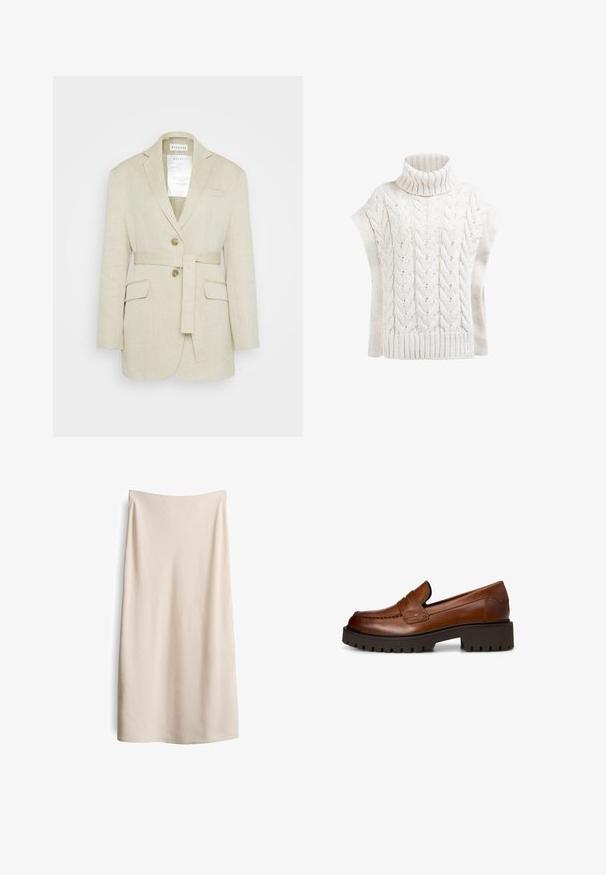 Beige Leinen-Blazer mit einem taillierten Gürtel, zwei vorderen Taschen, gekerbten Revers und zwei Knöpfen. Enthält ein sichtbares Etikett im Kragen.; Cremefarbener, kragenloser Pullover aus Kabelstrick mit kurzen Ärmeln und geripptem Saum. Merkmale sind das strukturierte Muster und Details mit offenen Maschen.; Beige, knielanger Rock mit glatter Textur und geradem Schnitt. Keine sichtbaren Nähte oder Verschlüsse, mit einem klaren, minimalistischen Design.; Brauner Lederloafer mit grober schwarzer Profilsohle und niedrigem Blockabsatz, von der Seite auf weißem Hintergrund gezeigt.