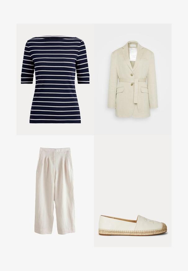 Beige Leinen-Blazer mit einem taillierten Gürtel, zwei vorderen Taschen, gekerbten Revers und zwei Knöpfen. Enthält ein sichtbares Etikett im Kragen.; Marineblaues Hemd mit weißen horizontalen Streifen und Ellbogen langen Ärmeln, gezeigt vor einem einfachen hellen Hintergrund.; Helle beige Leinenhosen mit weit geschnittener Beinform, die mit vorderen Falten und seitlichen Taschen versehen sind und eine strukturierte Oberfläche bieten.; Weißer Slip-On-Espadrille mit geflochtener Jute-Sohle und abgesteppten Details entlang der Ränder, von der Außenseite gezeigt.