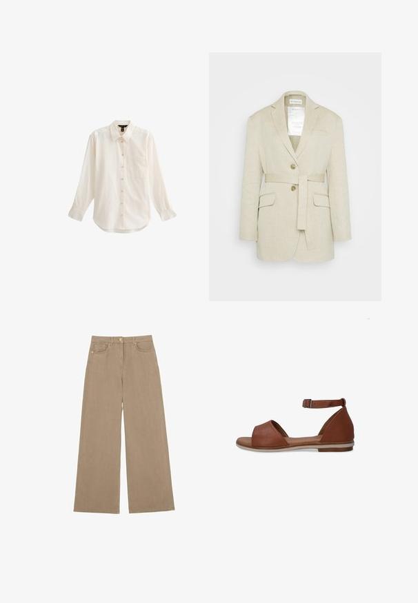 Beige linnen blazer met een ceintuur in de taille, twee voorkruiszakken, geknopfelde revers en twee knopen. Bevat een label dat zichtbaar is in de kraag.; Lichtgekleurde, langmouwige blouse met knopen, voorzien van een kraag, een enkele borstzak en een zachte textuur met een licht gebogen zoom.; Beige broek met wijde pijpen, knoop en rits aan de voorkant, riemlussen en vijfzakkenstijl tegen een witte achtergrond.; Bruine leren sandaal met een enkelbandje, open neus en een minimalistisch ontwerp. Beschikt over een platte zool en contrasterende lichtgekleurde rand.