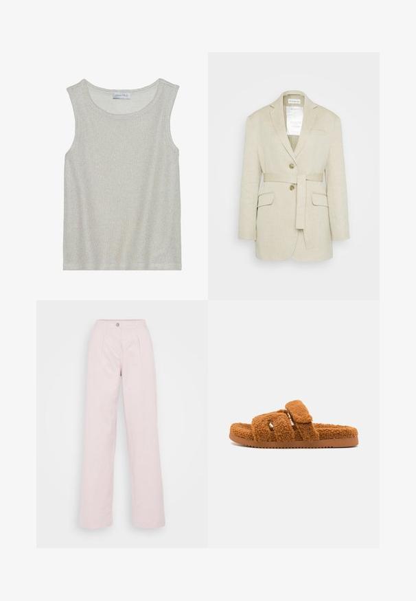 Blazer en lin beige avec une taille ceinturée, deux poches avant, des revers crantés et deux boutons. Présente une étiquette visible à l'intérieur du col.; Haut sans manches gris clair en tissu tricoté doux et texturé. Présente un col rond et une coupe ample. L'étiquette indique "ANNA FIELD" à l'intérieur.; Pantalons larges en coton rose doux, dotés d'une fermeture à bouton sur le devant, d'un design plissé et d'une silhouette décontractée.; Steve Madden MISSILE F - Sandales - camel