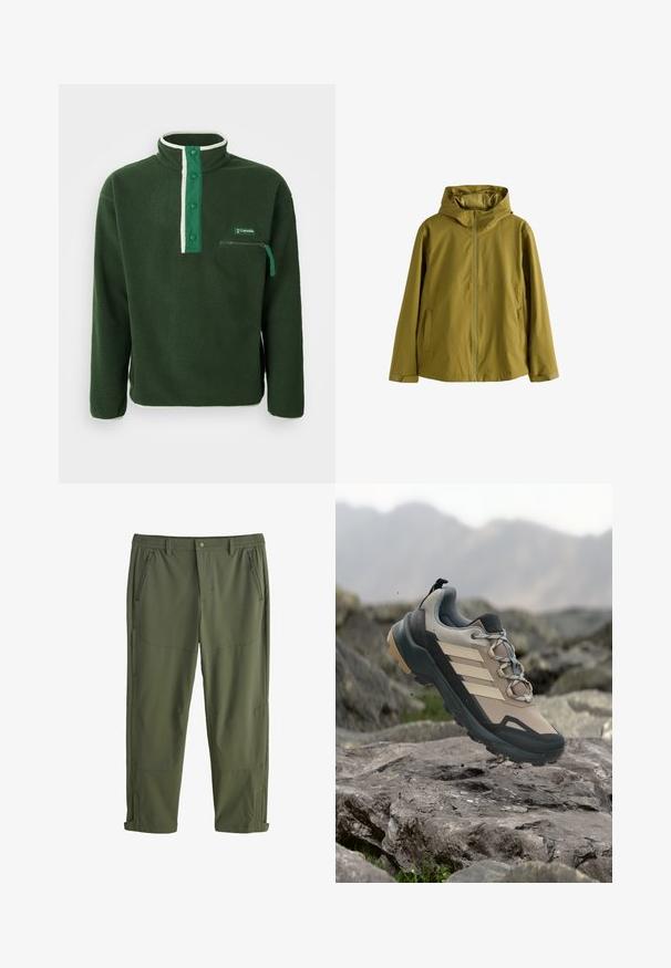 Hooded jack in olijfgroen, gemaakt van een gladde, lichte stof. Voorzien van een rits aan de voorkant, twee zijzakken en verstelbare manchetten.; Groene fleece pullover met een hoge kraag, voorzien van een contrasterende witte rits, drukknoopjes en een ritszak op de borst. Gelaagd stof.; Groene, lichte buitenbroeken met een elastische tailleband, meerdere met rits afgesloten zakken en versterkte stiksels. Verstelbare manchetten.; Beige en grijze wandelschoen met zwarte zool en strepen, zwevend boven rotsachtig terrein met een wazige bergachtige achtergrond.