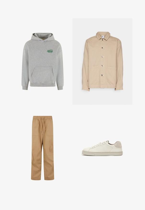 Veste en toile beige avec col, fermeture à boutons sur le devant et deux grandes poches avant. Présente un petit logo Nike au-dessus de la poche droite.; Sweat à capuche gris en coton avec une poche kangourou à l'avant, des poignets et un ourlet côtelés, et un logo vert "ANOTHER COTTON LAB" sur la poitrine gauche.; Pantalons cargo beiges avec une taille élastique, fermeture à cordon de serrage et deux grandes poches latérales. Le tissu semble lisse avec une coupe décontractée.; Baskets basses en cuir blanc avec lacets blancs, semelle légèrement texturée et patch en daim gris clair au talon, vue latérale.