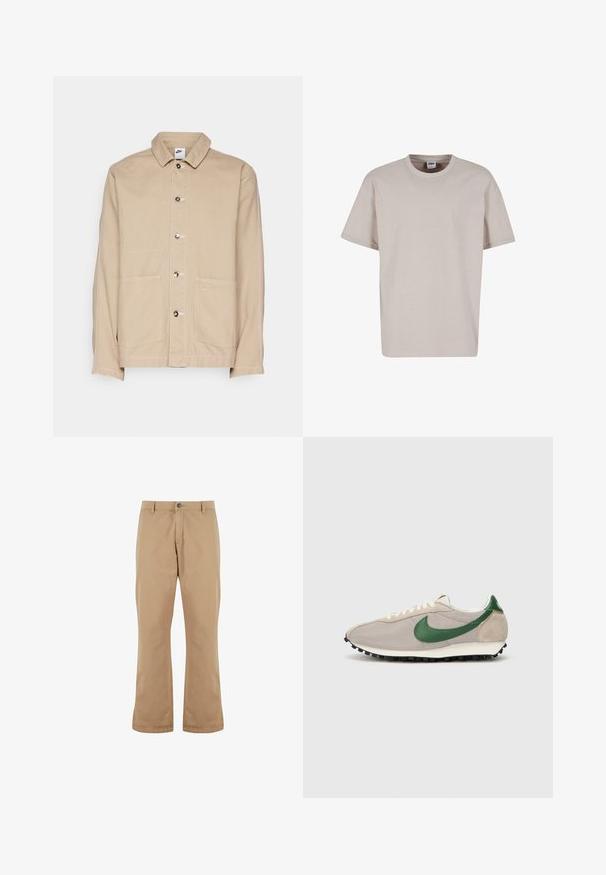 Beige Canvas-Jacke mit Kragen, vorderem Knopfverschluss und zwei großen Fronttaschen. Mit einem kleinen Nike-Logo über der rechten Tasche.; Urban Classics CUFF TEE - T-Shirt basic - cloud; Beige Baumwollhosen mit geradem Schnitt, ausgestattet mit einem Knopfverschluss, Vordertaschen und einer glatten Textur.; Beige Laufschuhe mit grünen Wildlederakzenten, strukturiertem Mesh-Obermaterial, cremefarbenen Schnürsenkeln und einer schwarzen Gummisohle mit Traktionsnoppen.