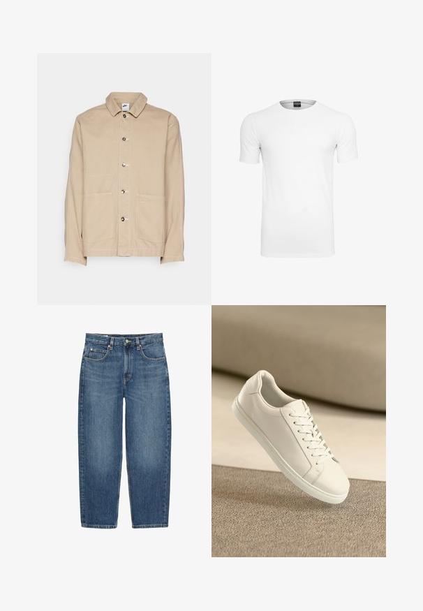 Veste en toile beige avec col, fermeture à boutons sur le devant et deux grandes poches avant. Présente un petit logo Nike au-dessus de la poche droite.; T-shirt blanc uni à manches courtes col rond avec une étiquette noire à l'intérieur du col sur fond blanc.; Jean denim bleu à jambes droites avec fermeture avant par bouton et zip, passants de ceinture et cinq poches sur fond blanc.; Baskets en cuir blanc avec des lacets blancs, exposées sur une surface beige texturée et avec un arrière-plan flou doux.