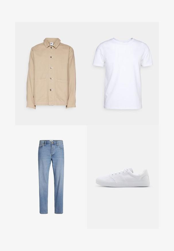 Beige canvas jacket with a collar, front button closure, and two large front pockets. Features a small Nike logo above the right pocket.; White short-sleeve t-shirt in cotton fabric with a round neckline. Simple design with no patterns or accents. Smooth texture.; Light blue denim jeans with a straight cut, standard five-pocket design, and visible stitching. No distinct patterns or accents.; White canvas sneakers with a rubber sole, featuring six eyelets, a textured toe cap, and minimalistic design.