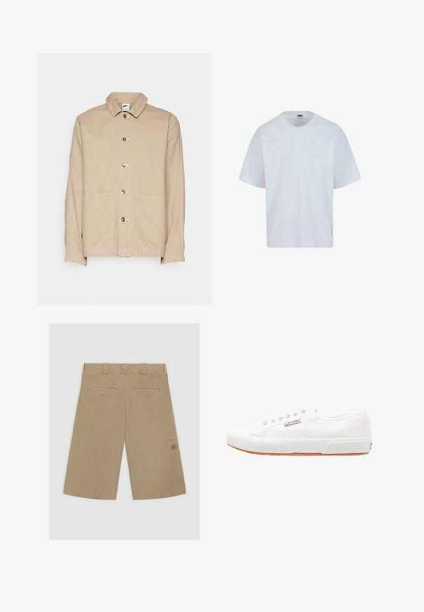 Beezim canvas-jakk, millel on krae, ees nööbid ja kaks suurt eesmist taskut. Lisaks on parema tasku kohal väike Nike logo.; Valge puuvillane T-särk ümmarguse kaelusega, lühikeste varrukate ja sirge lõikega. Omab õlgadel delikaatse õmbluse detaile.; Kerged pruunid lühikesed püksid, millel on lame esiosa, kaks tagumist taskut ja küljetasku. Valmistatud siledast puuvillasegust kangast.; Valged kanvasist tossud, millel on kummist tald, nööpidega kinnitamine ja väike logo silt küljel. Tekstureeritud valge ülaserv ja pruun tall.