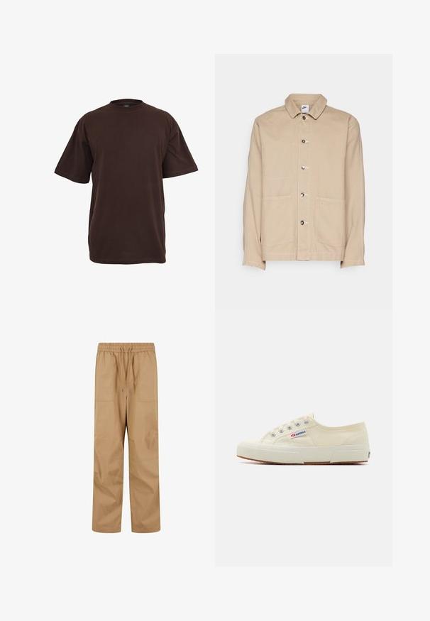 Beige Canvas-Jacke mit Kragen, vorderem Knopfverschluss und zwei großen Fronttaschen. Mit einem kleinen Nike-Logo über der rechten Tasche.; Braunes Baumwoll-T-Shirt mit kurzen Ärmeln, Rundhalsausschnitt und lockerer Passform. Glatte Textur ohne sichtbare Muster oder Akzente.; Tan Cargo-Hosen mit elastischem Bund, Kordelzugverschluss und zwei großen Seitentaschen. Der Stoff wirkt glatt und die Hose hat eine lockere Passform.; Beige Leinen-Sneaker mit niedrigem Profil, Metallösen und Gummisohle. Mit einem strukturierten Muster und einem Logodetail an der Seite.