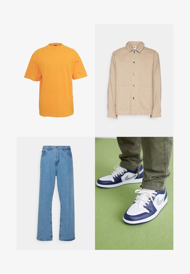Beige canvas jas met een kraag, voorste knoopsluiting en twee grote voorzakken. Bevat een klein Nike-logo boven de rechterzak.; Oranje katoenen t-shirt met een ronde hals, korte mouwen en een relaxed fit. Geen patronen of accenten. Coffee textuur.; Lichtblauwe denim wijdvallende jeans met een hoge taille, voorzien van een knoop- en ritssluiting, vijf zakken en rafelige zoom.; Blauwe en witte leren sneakers met geperforeerde neus, witte veters en zilveren accenten, gedragen met olijfgroene broek op een groene ondergrond.