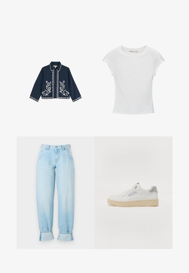 Donkerblauw cropped jack met lange mouwen en witte bloemenborduursels langs de voorkant, manchetten, kraag en knoopsluiting.; Witte katoenen T-shirt met korte, opgerolde mouwen, een ronde halslijn en een rechte zoom. Gladde textuur zonder zichtbare patronen of accenten.; Lichtblauwe denim jeans met een hoge taille, gevlochten taillebanddetail, losse pasvorm en opgerolde manchetten aan de zoom. Voorzien van steekzakken.; Heren witte sneakers met een gladde textuur, grijze accenten, ronde neus en een beige rubberen zool. Bevat een zijlabel en geperforeerde details.