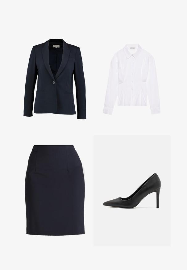 Marineblazer met een geknipt revers, enkele knoopsluiting en twee voorzakken. Gladde stof en getailleerde pasvorm.; Witte blouse met lange mouwen en een klassieke kraag, met een sluiting aan de voorkant met knopen en geplooide details aan de zijkant. Glad materiaal met een getailleerde pasvorm.; Marineblauwe kokerrok van een soepele stof met een aansluitende silhouet, voorzien van voorzakken en subtiele naden voor een gestructureerde look.; Zwarte hoge hakpumps met een spitse neus, gemaakt van glad leer, met een slank ontwerp en een dunne, cilindrische hak.