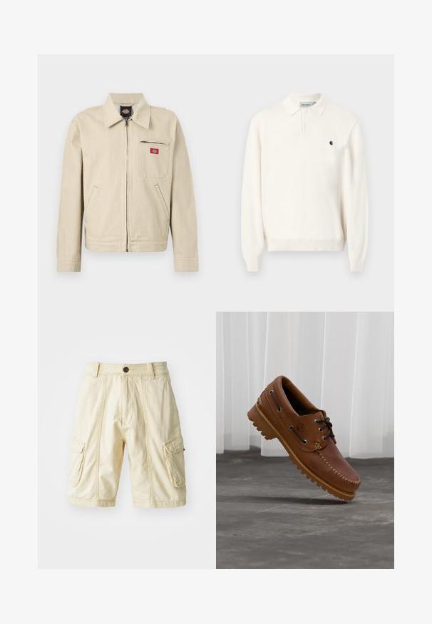 Beige-weiße, gestreifte Jacke mit Reißverschluss, Kragen, langen Ärmeln, zwei Seitentaschen und einer Brusttasche mit Reißverschluss und rotem Logo-Patch.; Off-White Langarm-Poloshirt mit zwei Knöpfen, gerippten Bündchen, Kragen und kleinem schwarzem Carhartt-Logo auf der linken Brust.; Knielange Cargo-Shorts aus leichtbeigem Stoff mit Knopfverschluss, zwei großen Seitentaschen und sichtbaren Nähdetails.; Brauner Leder-Bootsschuh mit schwarzen Schnürsenkeln, beigen Nähten und einer robusten Sohle, schwebt über einem grauen Betonboden.