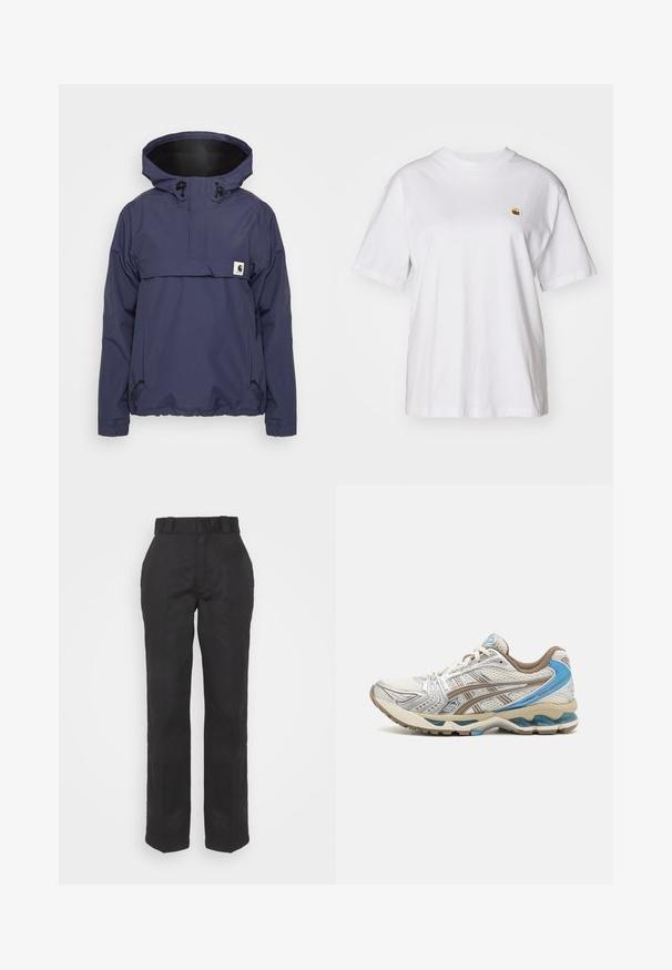 Anorak azul marino con capucha ajustable, bolsillo frontal y puños elásticos. Fabricado con material resistente al agua y con una textura suave.; Camisa de algodón blanca con corte relajado, mangas cortas y un pequeño logotipo bordado en el área del pecho izquierdo.; Pantalones negros con una textura suave, diseño de pierna recta y cintura con cinturón. Presenta una silueta simple y clásica sin patrones adicionales.; Zapatilla de running blanca y beige con detalles azules, parte superior de malla, suela acolchada y diseño con cordones, mostrada desde el lado exterior.