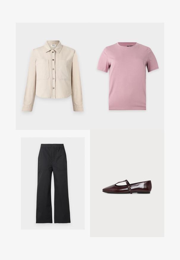 Veste courte beige à manches longues avec col, boutons-pression à l'avant et deux grandes poches sur la poitrine.; T-shirt uni en coton rose pâle à manches courtes avec col rond, présenté sur un fond plat gris clair.; Pantalon noir à jambes larges avec taille élastique et poches plaquées à l'avant, présenté sur un fond gris clair.; Chaussure plate en cuir bordeaux foncé avec un bout pointu et une fine bride en T avec une boucle argentée sur fond blanc.