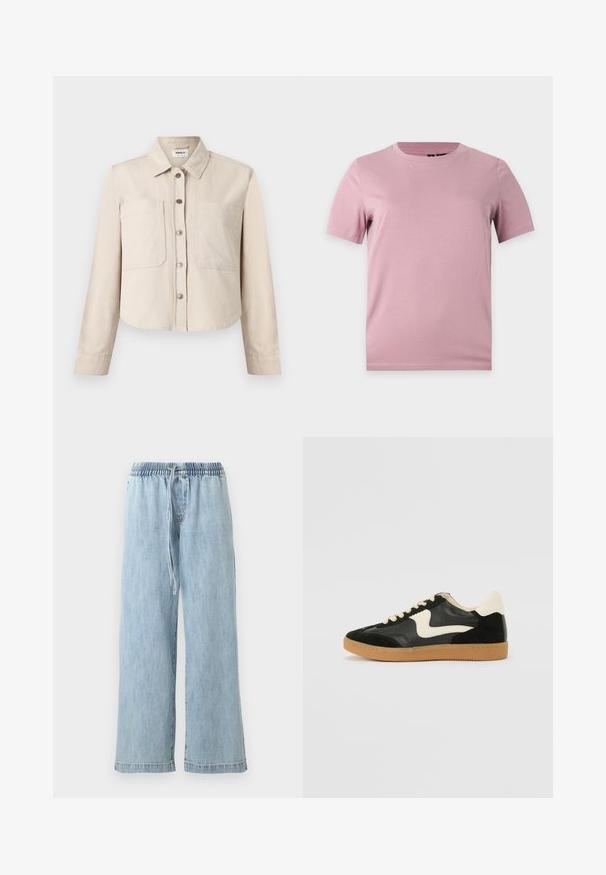 Veste courte beige à manches longues avec col, boutons-pression à l'avant et deux grandes poches sur la poitrine.; T-shirt uni en coton rose pâle à manches courtes avec col rond, présenté sur un fond plat gris clair.; Pantalon large en denim bleu clair avec taille élastique et cordon de serrage, poches avant et coupe décontractée.; Baskets en daim et cuir noir avec un swoosh latéral crème et un talon crème clair. Dotées de lacets beige et d'une semelle en caoutchouc gomme.