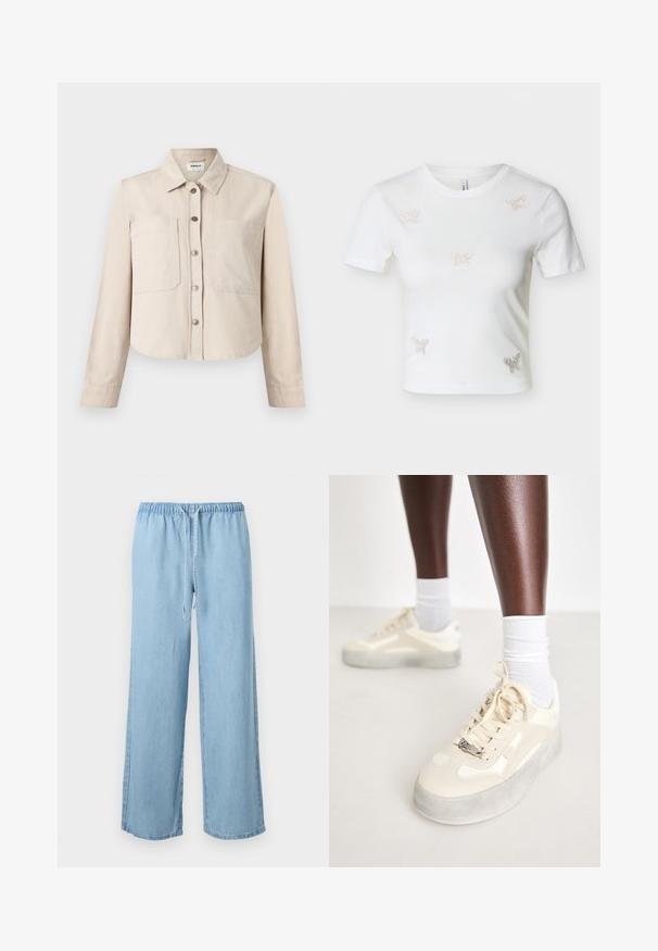 Chaqueta corta beige de manga larga con cuello, botones de presión en la parte delantera y dos grandes bolsillos en el pecho.; Camiseta blanca corta de manga corta con cinco pequeños adornos de mariposas de pedrería en el frente.; Pantalones vaqueros de pierna ancha color azul claro con cintura elástica y detalle de cordón frontal sobre un fondo blanco.; Zapatillas beige con detalles de cuero suave y ante, suela de goma gris, patrones texturizados y un logo metálico de la marca en el lateral.