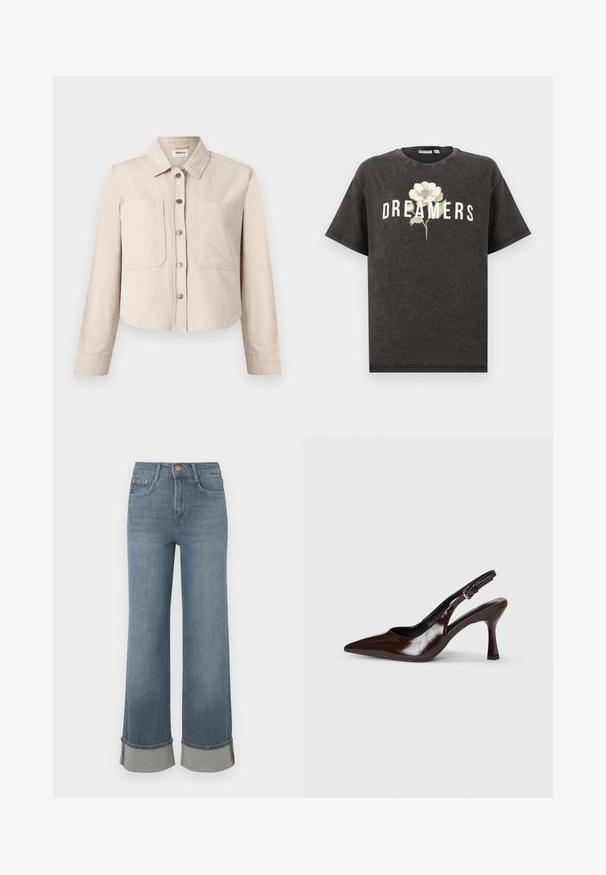 Beige cropped jack met lange mouwen, kraag, voorste drukknopen en twee grote borstzakken.; Zwart T-shirt met korte mouwen, met een witte bloemafbeelding en het woord "DREAMERS" gedrukt over de borst.; Wijdvallende blauwe denim jeans hebben een hoge taille, opgerolde hems met grijze accenten, een vijf-pocket ontwerp en een knoopsluiting aan de voorkant.; Bruine gepatineerde leren slingback pumps met een spitse neus, een dunne hak en een verstelbaar bandje met een kleine gesp.