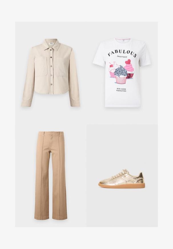 Beige langærmet cropped jakke med krave, forreste trykknapper og to store brystlommer.; Hvid t-shirt med korte ærmer med tre farverige cupcake-illustrationer, teksten "FABULOUS SWEETNESS" over og "BITE-SIZED PERFECTION" under.; Beige bukser med lige ben, forreste midtersømme, bæltestropper og lynlåslukning på en ensfarvet lys baggrund.; Lave sneakers med metallisk gylden tekstureret overdel, beige snørebånd og gummisål, vist fra ydersiden på hvid baggrund.