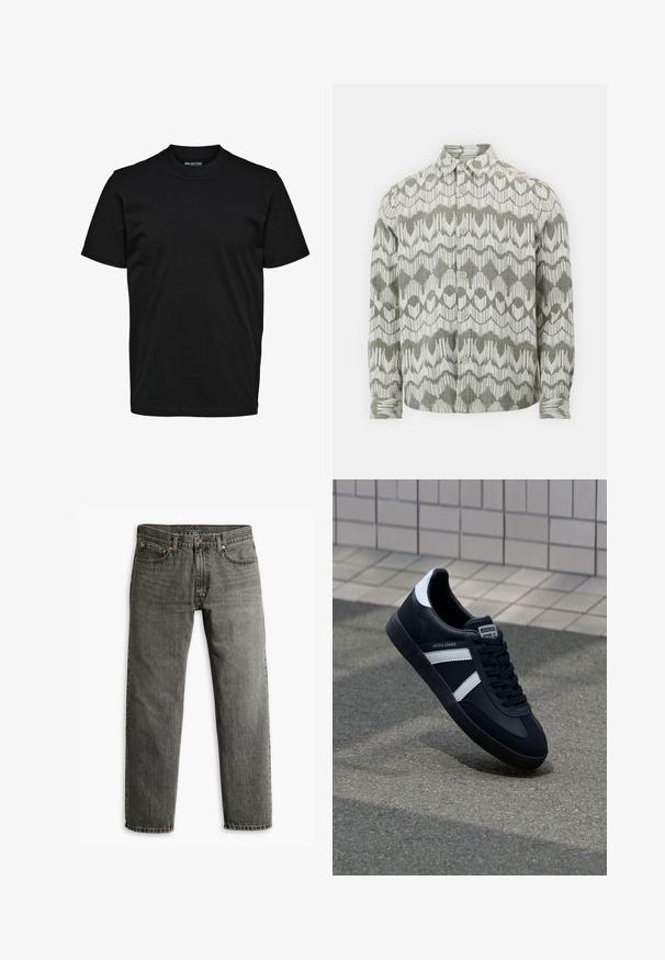 Camisa de manga larga hecha de tela ligera, con un patrón geométrico en verde y crema, con botones en la parte delantera y un collar puntiagudo.; Camiseta negra lisa de manga corta con cuello redondo, ajuste regular y sin patrones ni logotipos visibles.; Jeans de mezclilla gris con un diseño de pierna recta, estilo clásico de cinco bolsillos y un sutil detalle de costura en las costuras y los bolsillos.; Zapatilla de cuero negra con rayas blancas, suela de goma texturizada y parte frontal con cordones. Cuenta con una etiqueta de marca en la lengüeta.