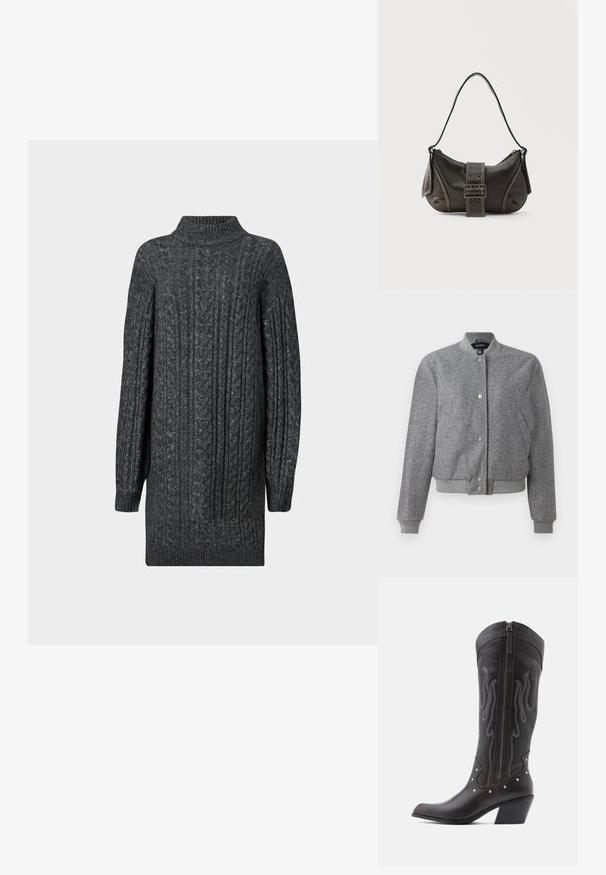 Veste bomber grise avec un col côtelé, fermeture à boutons-pression et deux poches latérales. Fabriquée dans un tissu texturé avec des poignets et un ourlet élastiques.; Robe pull longue en tricot à côtes gris foncé avec un col montant, des poignets et un ourlet côtelés sur fond blanc.; Bottes de cowboy en cuir marron avec surpiqûres en forme de flammes, fermeture éclair latérale, clous argentés, bout pointu et talon superposé.; Sac à épaule en cuir noir avec une sangle à boucle, des bords arrondis et des coutures blanches contrastées sur un fond uni.