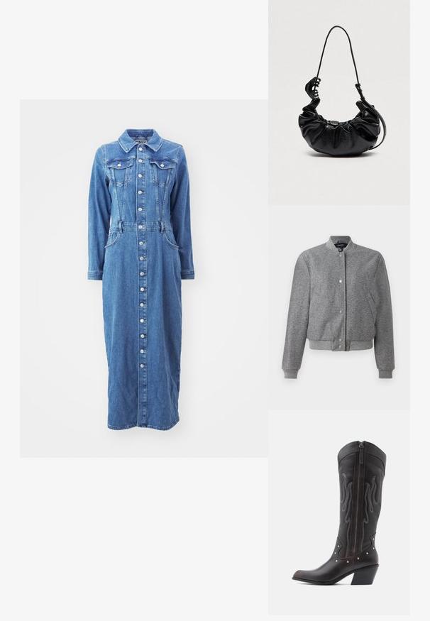 Chaqueta bomber gris con collar de canalé, cierre de botones a presión y dos bolsillos laterales. Fabricada con una tela texturizada con puños y dobladillo elásticos.; Vestido de denim con cierre de botones en el frente, mangas largas, bolsillos en el pecho y una cintura entallada, en un lavado azul medio con una silueta recta.; Botas de cowboy de cuero marrón con costuras en forma de llama, cremallera lateral, tachuelas plateadas, punta puntiaguda y tacón apilado.; Bolso de mano negro de cuero fruncido con correa ajustable para el hombro y gran clip para el cabello negro sujeto a la correa sobre fondo liso.